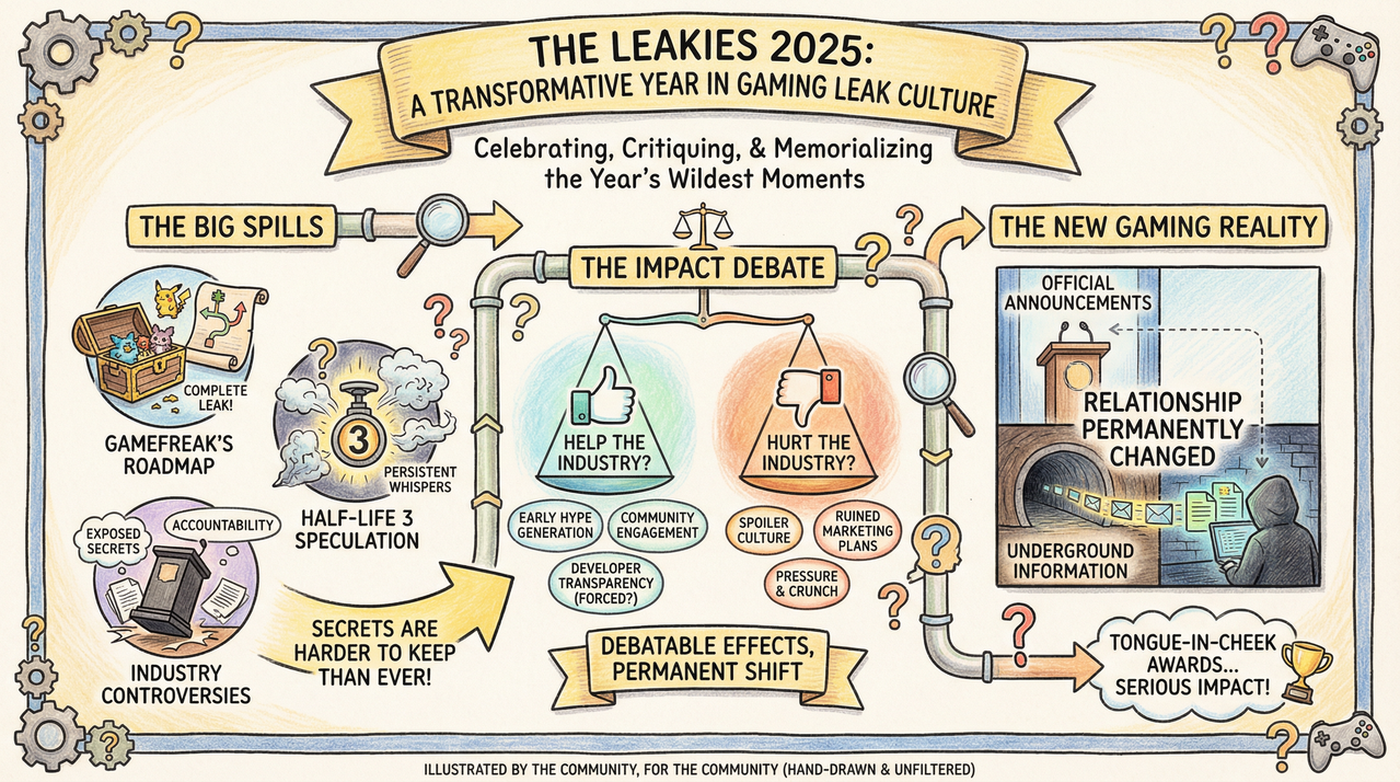 Gaming news and leaks displayed on computer screen with dramatic lighting