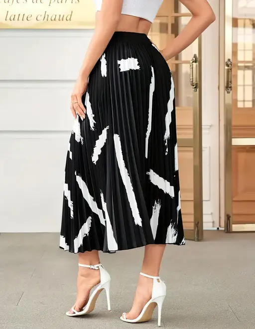 Skirt For Women | Brush Print Pleated Skirts, Vintage Elastic Waist Midi Skirts, Women's Clothing(Premium Quality) Color2 (R230)