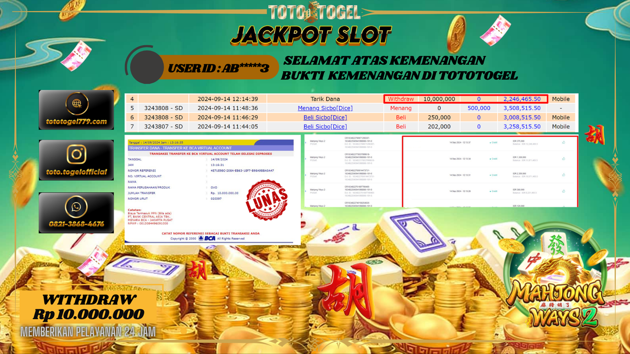 Bukti Kemenangan Permainan Slot Mahjong Ways 2 Dengan ID : AB*****3 Terbayar Lunas!!