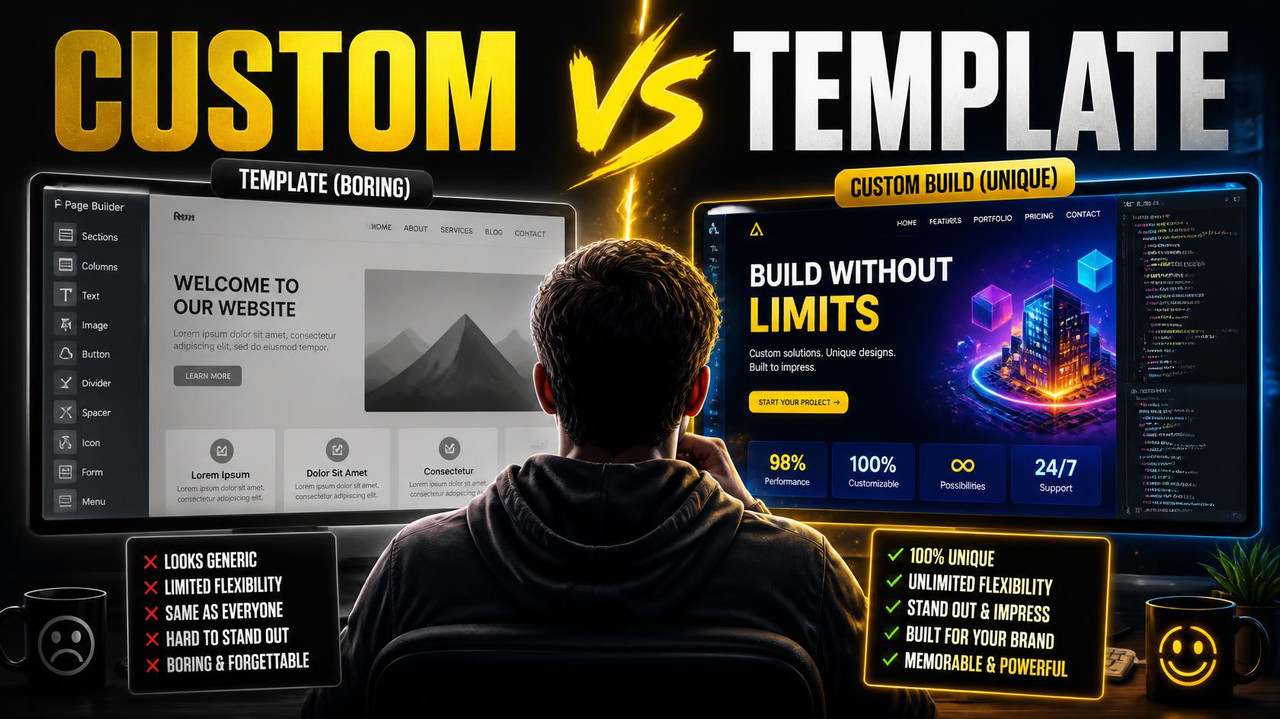 Custom web development vs template builder YouTube thumbnail — AbuQitmirLabs