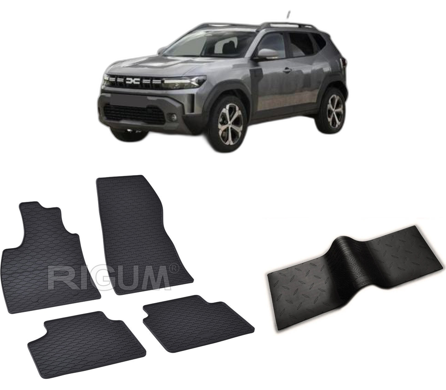 Set covorase auto DACIA DUSTER III HYBRID din 06.2024-PREZENT, cu covoras tunel median, CAROSERIE SUV, Presuri cauciuc 100%, compatibil cu autoturismul DACIA DUSTER III HYBRID, Rigum