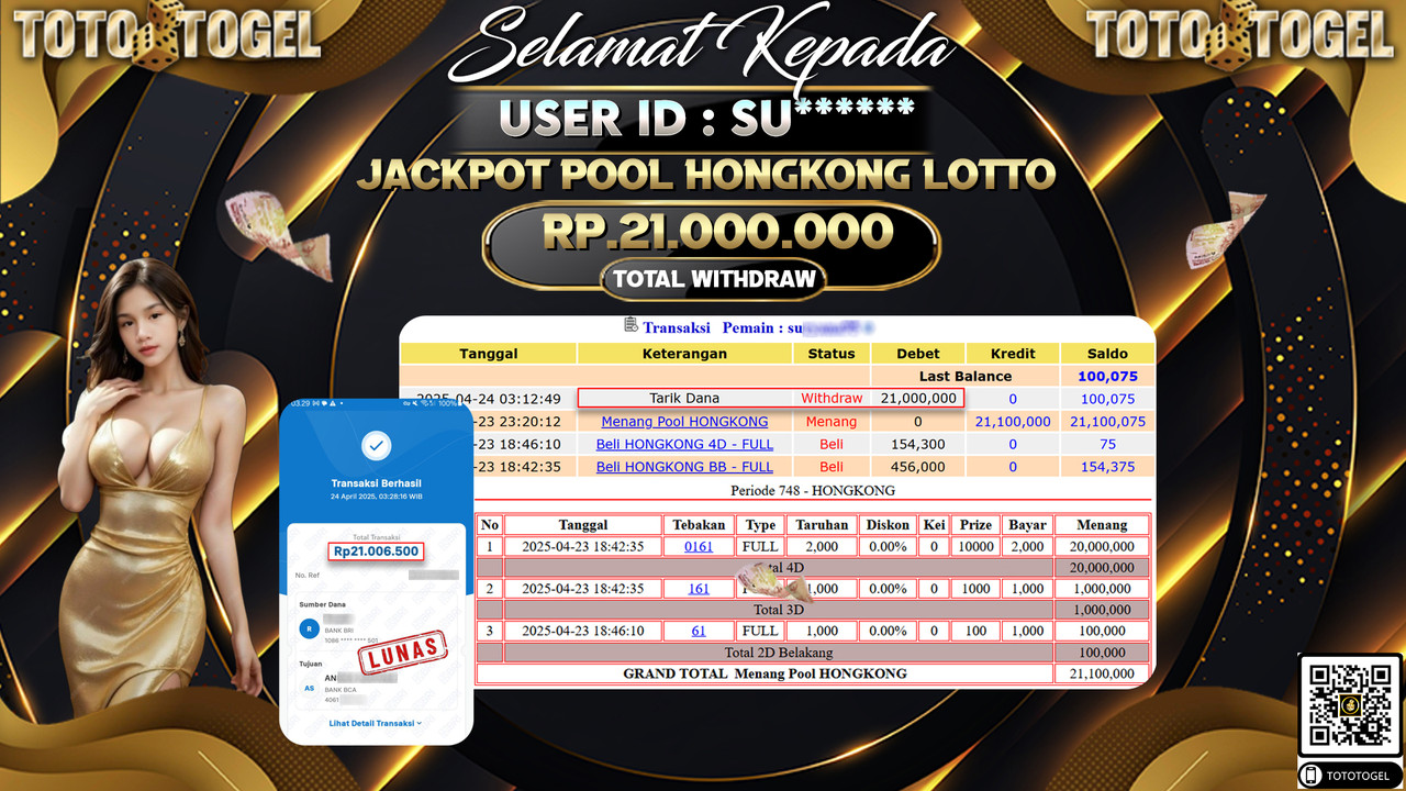 Bukti Pembayaran Jackpot  Permainan Togel Pool Hongkong Lotto ID:SU***** LUNAS