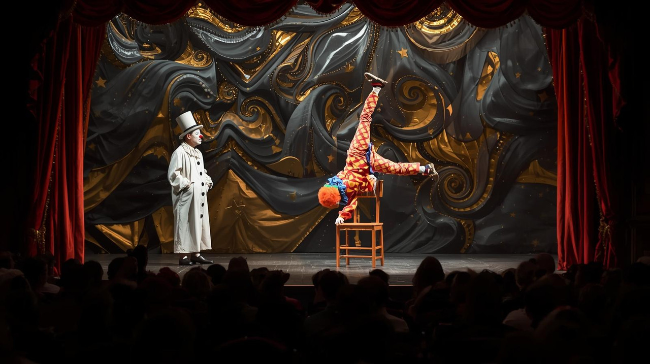 Prompt (English)_ A surreal stage scene during a theatrical performance. We view the stage from a da