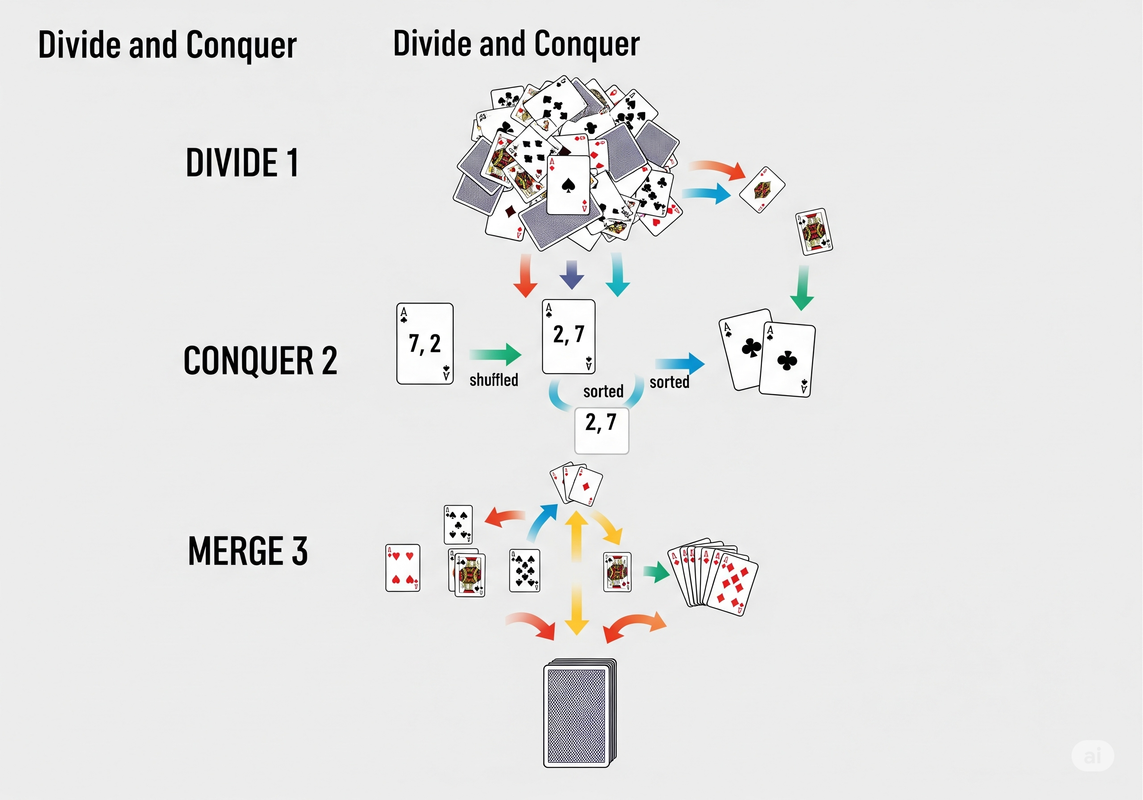 Illustration of a deck of cards being split and sorted