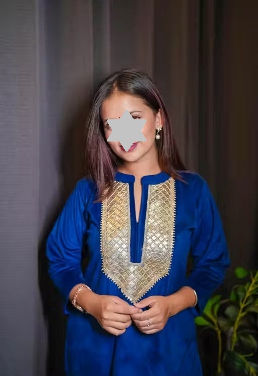 Women's Woolen Velvet Kurta and Pant Set | Winter Wear | Warm Velvet Ethnic Outfit | V-Neck Embroidery Lace Work Design | Blue Colour Color 1 (KS129)