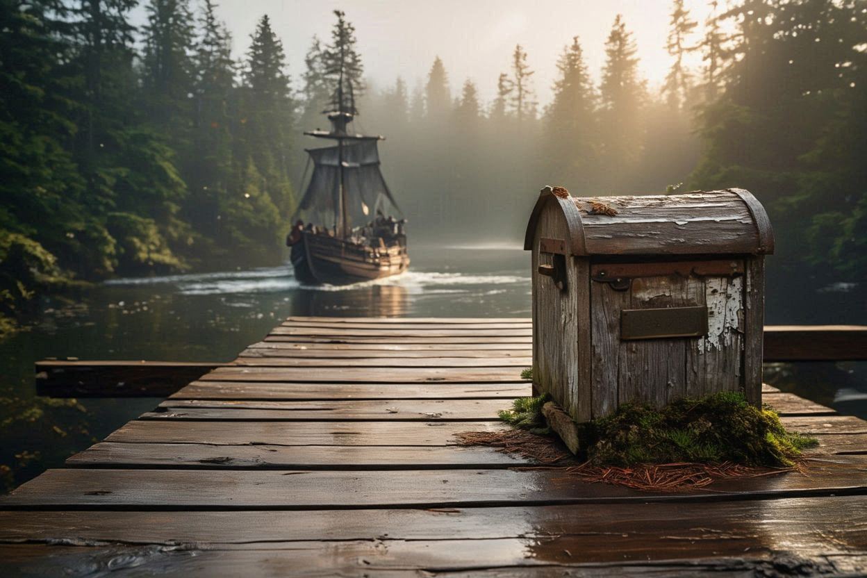 Un navire pirate s'éloigne d'un quai. Une boîte aux lettres en bois est visible sur le quai