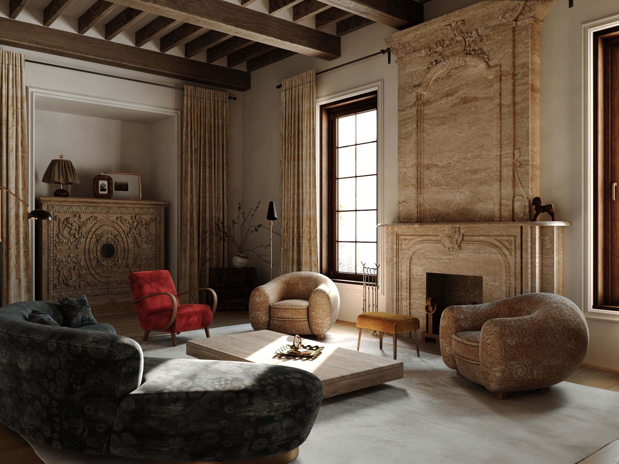 Vintage style living room with fireplace and blue sofa