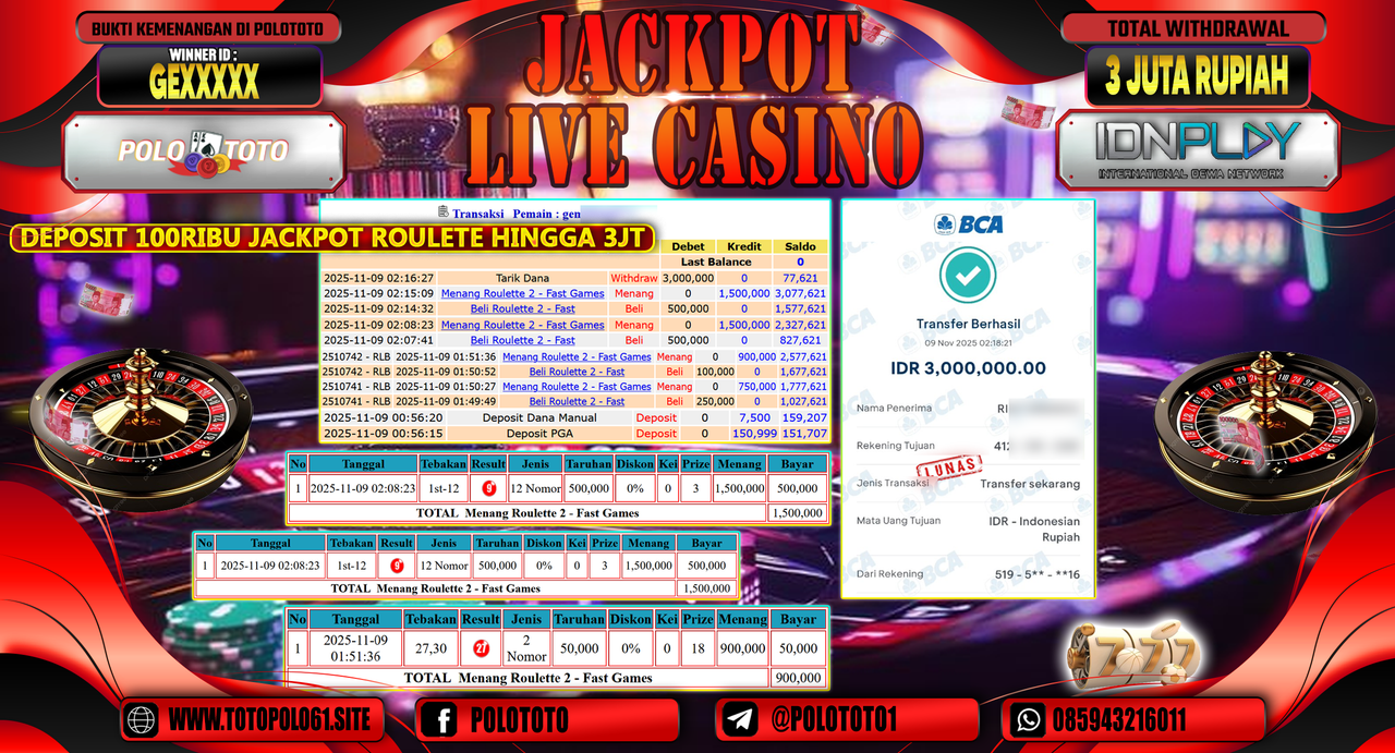 POLOTOTO JACKPOT LIVE CASINO MENANG ROULETTE 2 - FAST GAMES Rp.3.000.000,- LUNAS