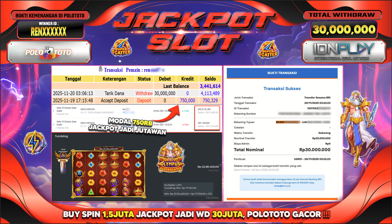 POLOTOTO JACKPOT SLOT GATES OF OLYMPUS SUPER SCATTER Rp.30.000.000,- LUNAS