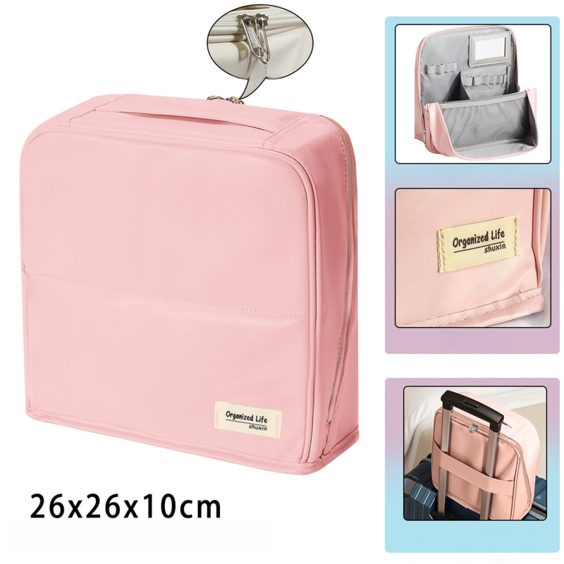 Pink Magnetic Compartmentalized Standing Cosmetic Bag – Large Capacity with Mirror, Travel Makeup Organizer (26×10×26 cm)