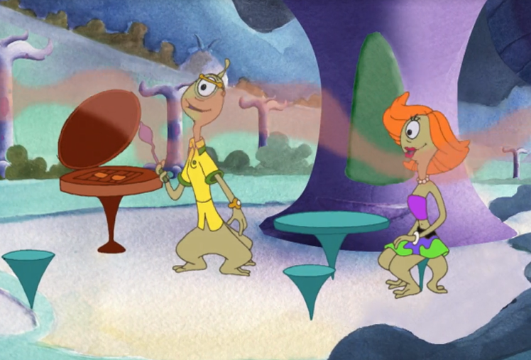 A picture of two Plorgonarians. Both are wearing extremely gendered clothing.
