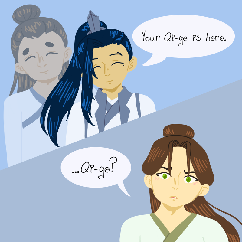 lqg gives sj a gentle smile with ghost yqy behind him