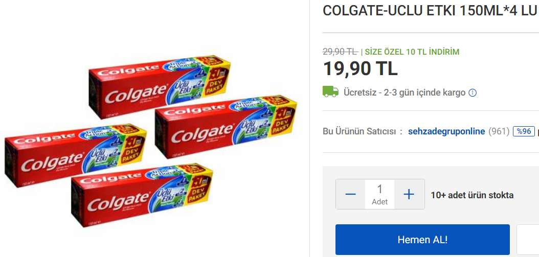 29,9 TL(kargo ücretsiz/gittigidiyor) Colgate Üçlü Etki Diş Macunu (150 mlx4)