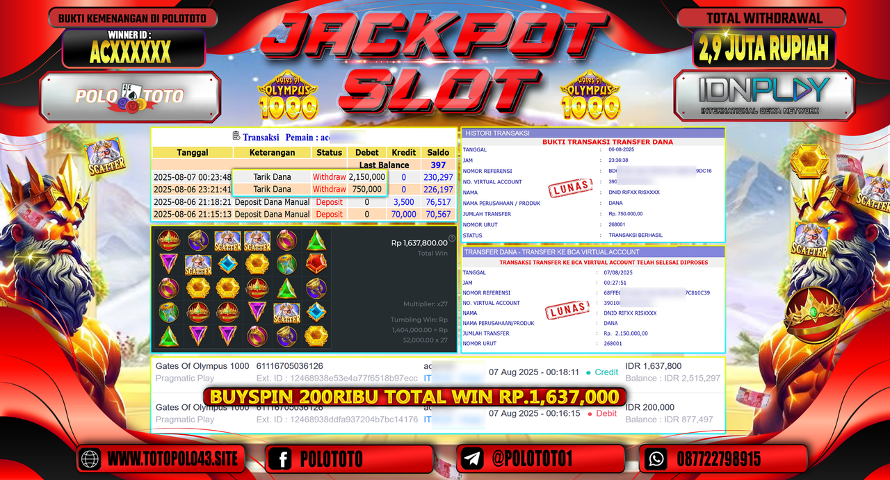 POLOTOTO JACKPOT SLOT GATES OF OLYMPUS 1000 Rp.2.900.000,-LUNAS