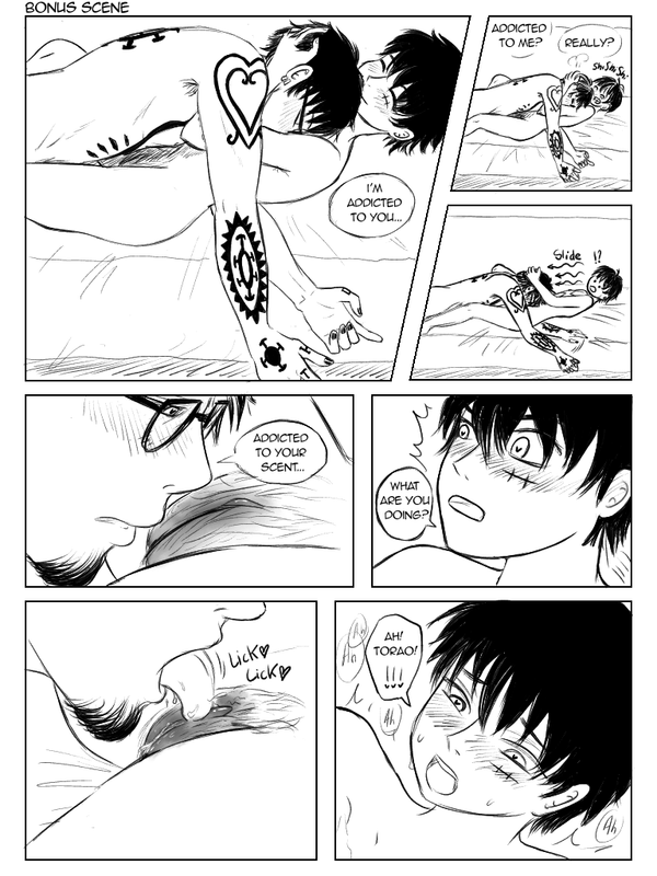 Bonus page 1. Later, Law and Luffy lie naked in each other’s arms. Law tells Luffy he’s addicted to him. He slides down, approaching Luffy’s sex and gently licks him.