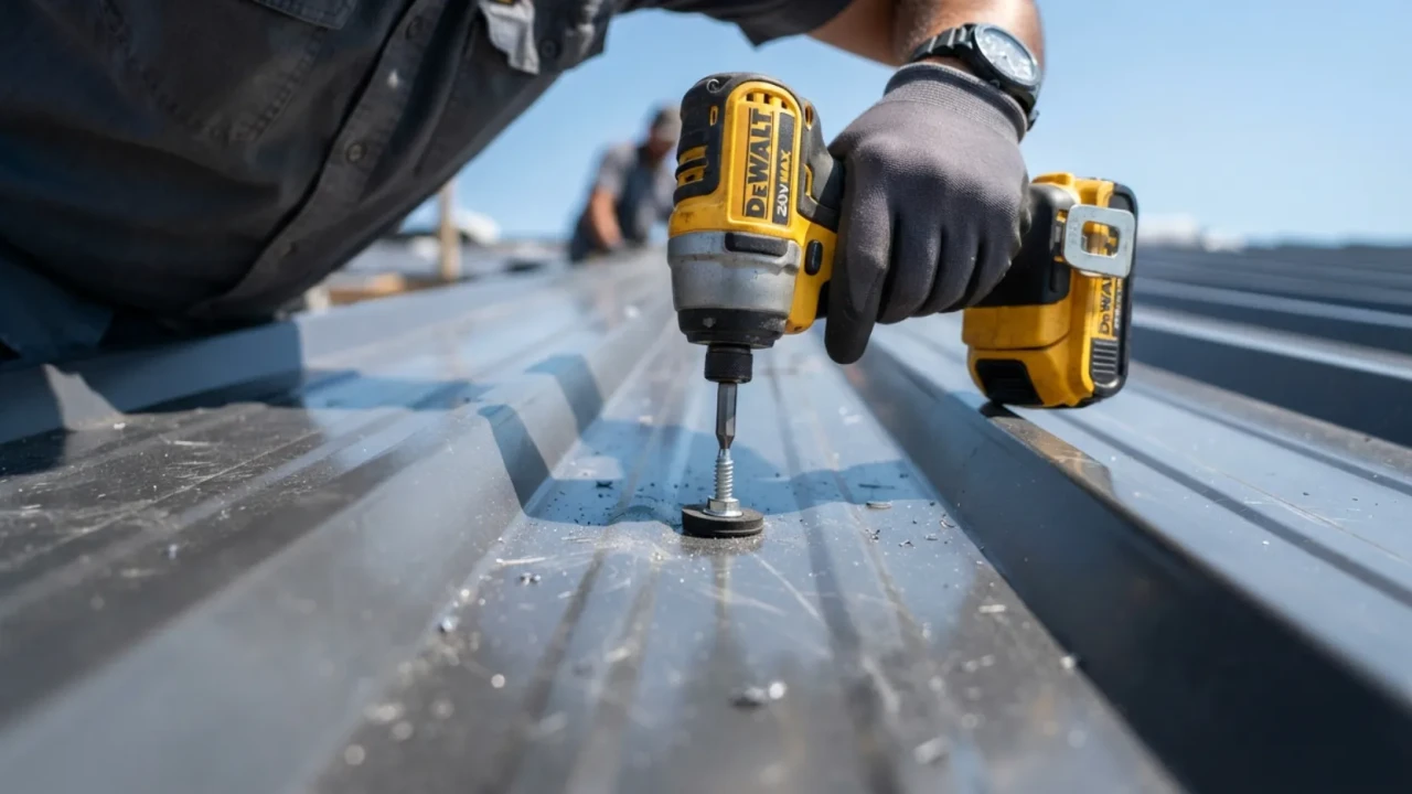 Metal roofing panel installation San Antonio Texas screw-down R-panel 26 gauge