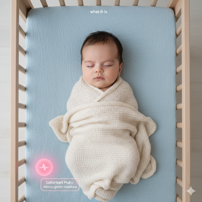 LullaHeart pod concept shown on a crib with a baby