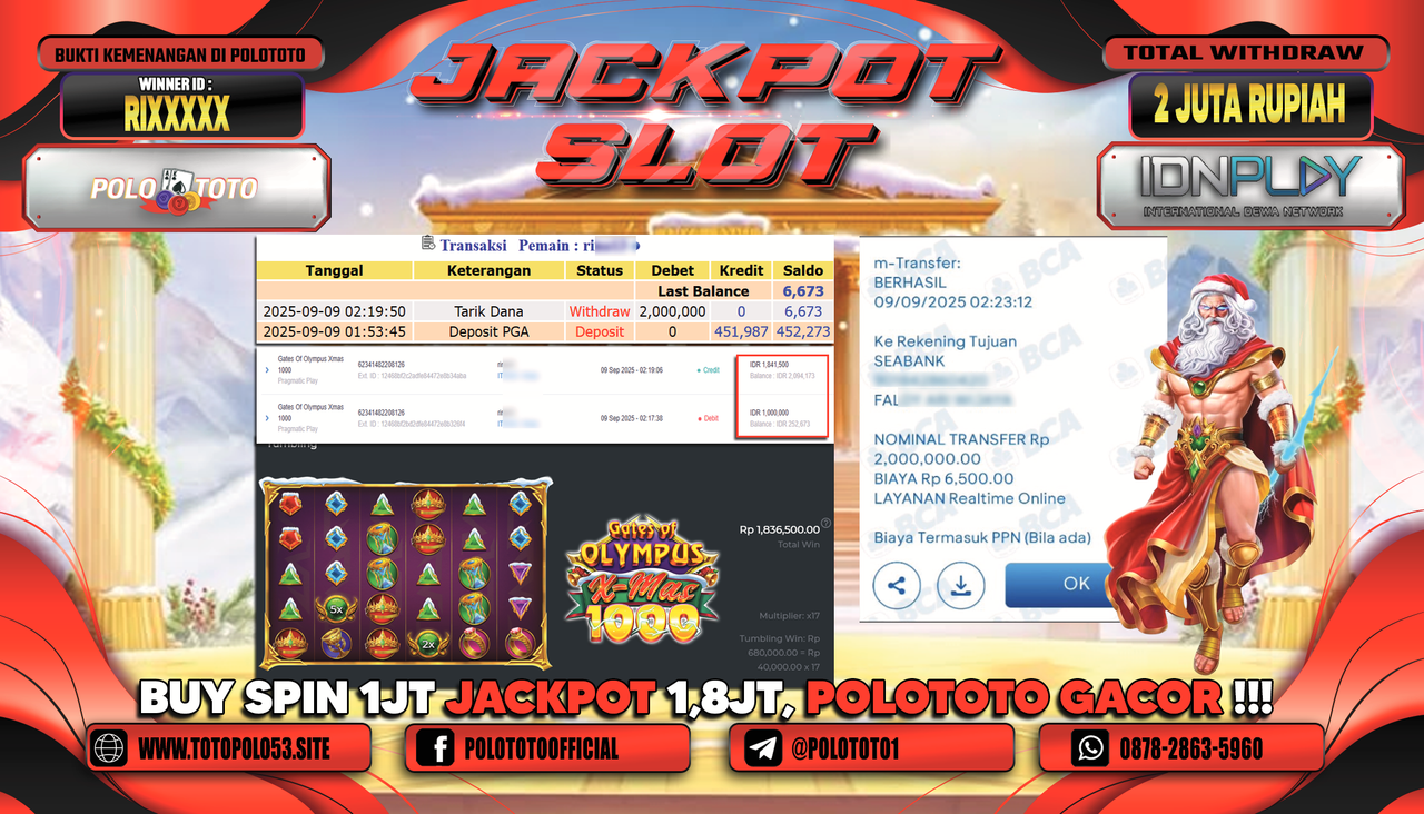 POLOTOTO JACKPOT SLOT GATES OF OLYMPUS XMAS 1000 Rp.2.000.000,-