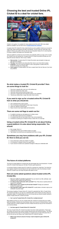 Choosing the best and trusted Online IPL Cricket ID is a deal for cricket fans