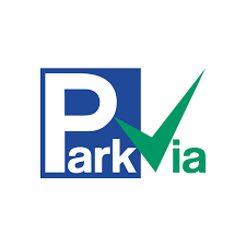 ParkVia signage at an airport parking facility entrance.
