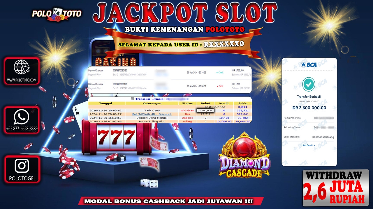 POLOTOTO JACKPOT SLOT DIAMOND CASCADE Rp.2.600.000,-