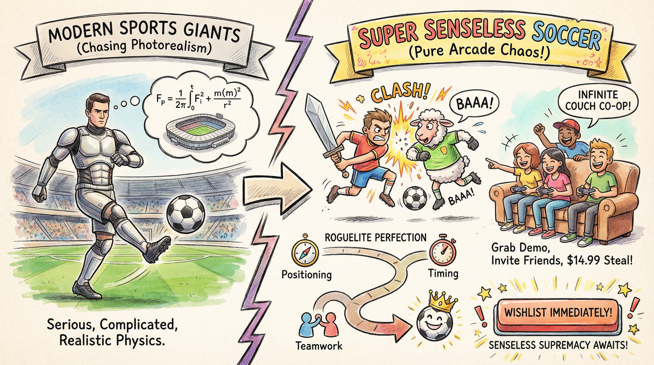 Chaotic pixel art soccer game with weapons and animal goalies