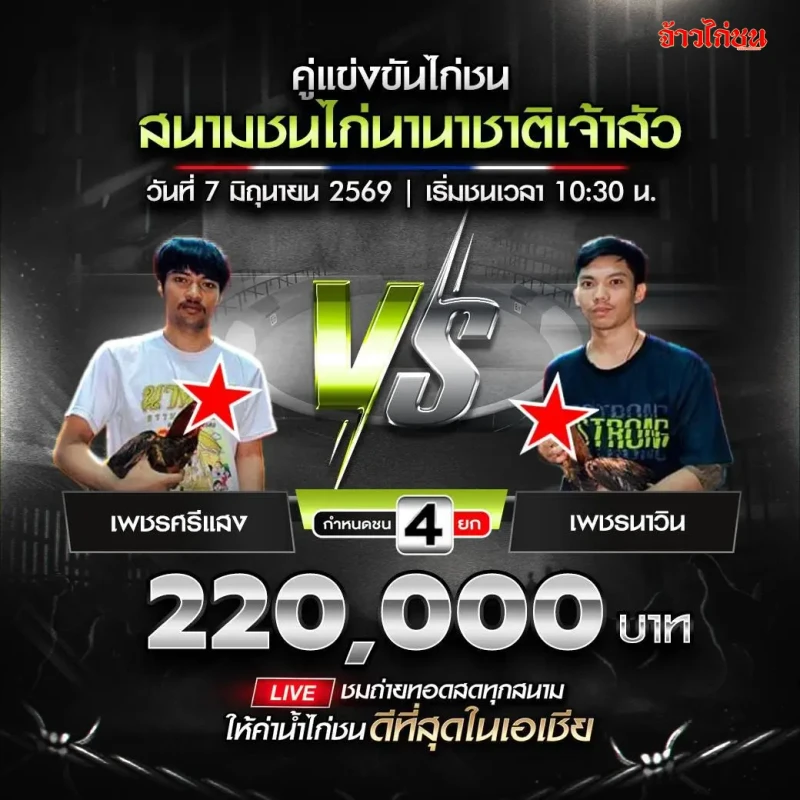 เพชรศรีแสง vs เพชรนาวิน สนามชนไก่นานาชาติเจ้าสัว วันที่ 7 มิถุนายน 2026