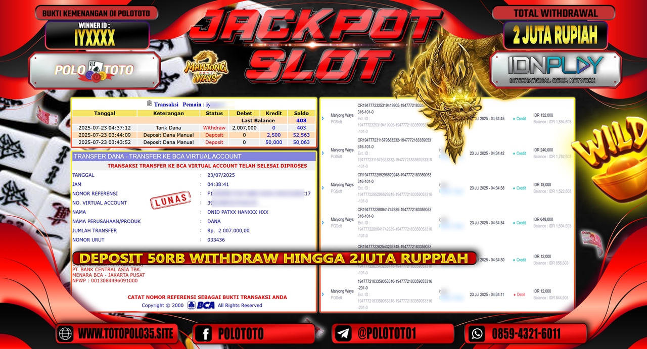 POLOTOTO JACKPOT SLOT MAHJONG WAYS Rp.2.000.000,- LUNAS