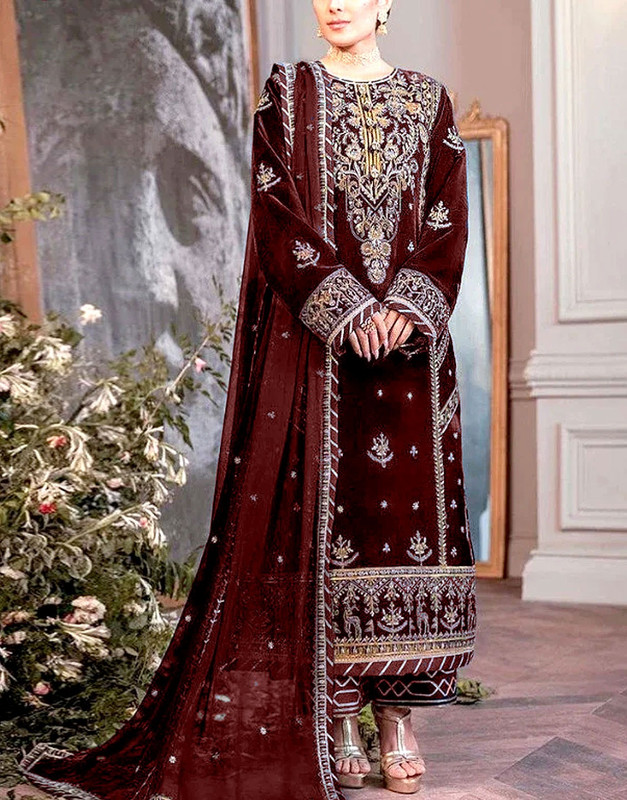 Luxury Embroidered Maroon Velvet Wedding Dress