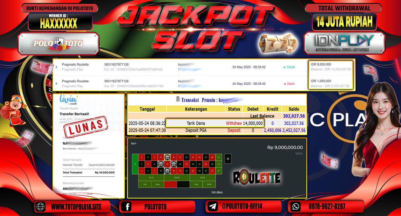 POLOTOTO JACKPOT SLOT PRAGMATIC ROULETTE Rp.14.000.000,-