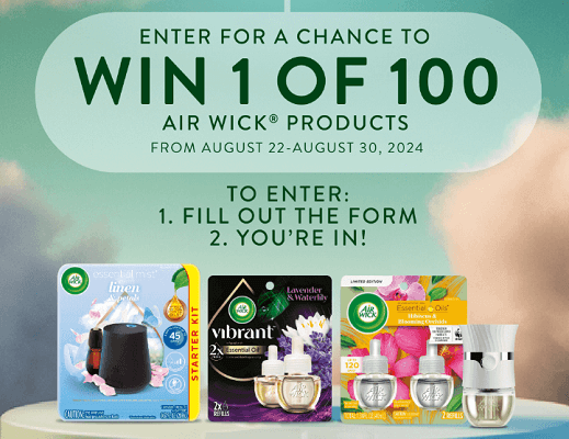 Win Air Wick Products: 100 Winners Giveaway for Essential Oil Diffusers and Scented Oils Win Air Wick Products: 100 Winners Giveaway for Essential Oil Diffusers and Scented Oils