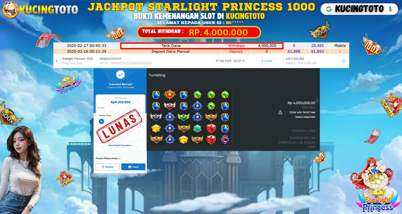 KUCINGTOTO JACKPOT SLOT STARLIGHT PRINCESS 1000 RP.4.000.000.,- LUNAS