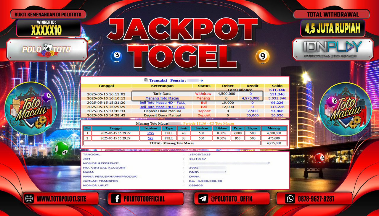POLOTOTO JACKPOT TOGEL TOTOMACAU 4D Rp.4.500.000,-