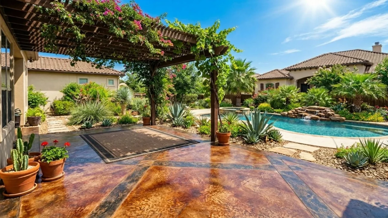 Durable stained concrete patio holding up in San Antonio summer heat and UV exposure