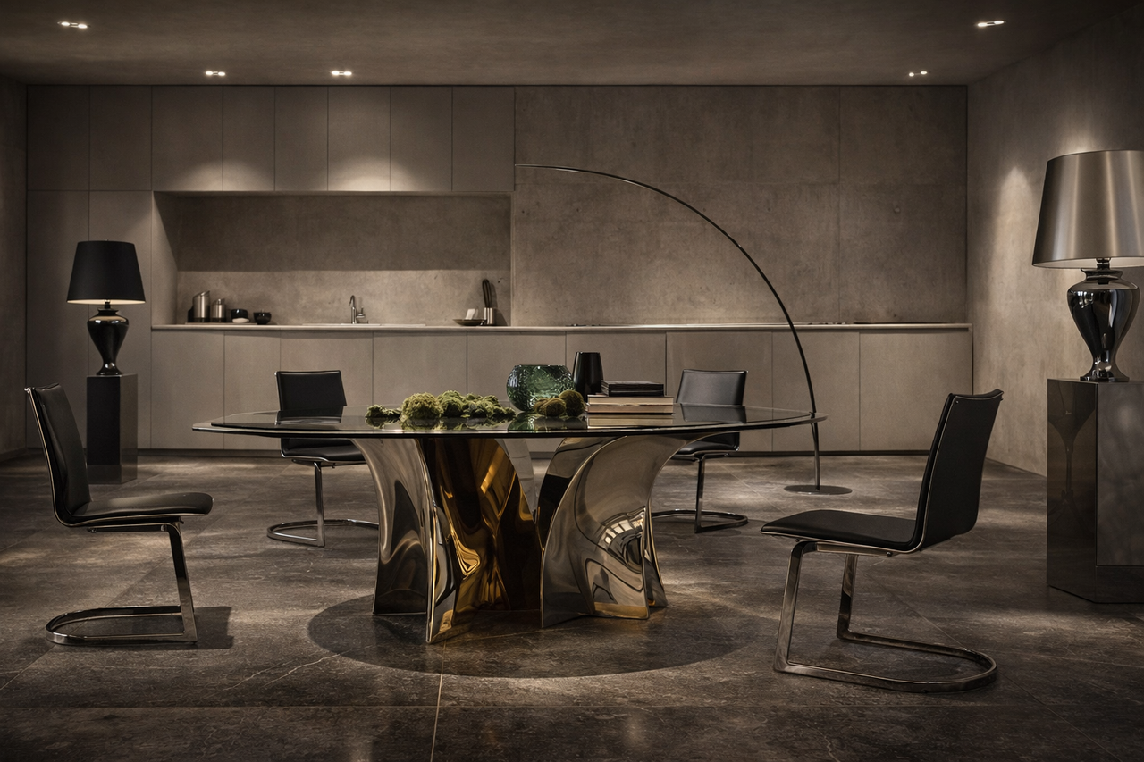 Contemporary dining room with round sculptural table and light tones.