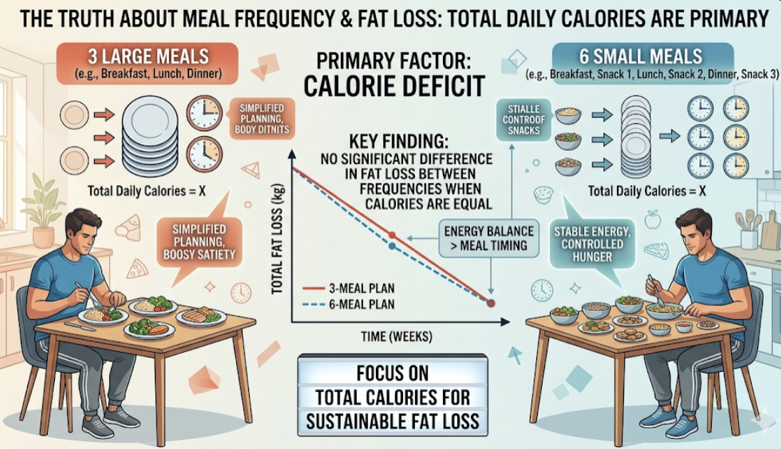 Graph comparing 3 meals vs 6 meals for fat loss showing no significant difference, illustrating how often to eat fat loss