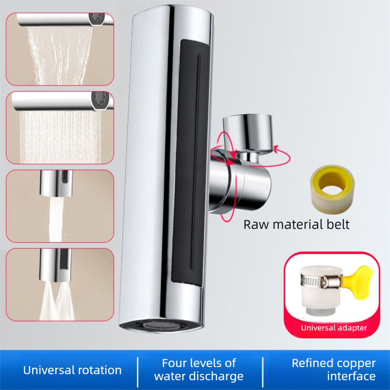 Universal 4-Mode Kitchen Tap Extender Waterfall Flying Rain Effect 360 Swivel Faucet Aerator Nozzle with Alloy Cap and Adapters Anti-Splash Sink Attachment