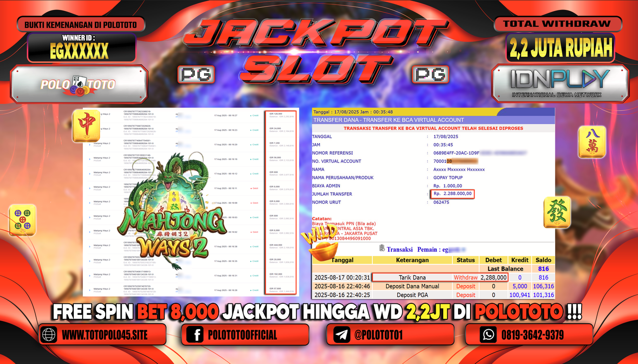 POLOTOTO JACKPOT SLOT MAHJONG WAYS 2 Rp.2.200.000,-