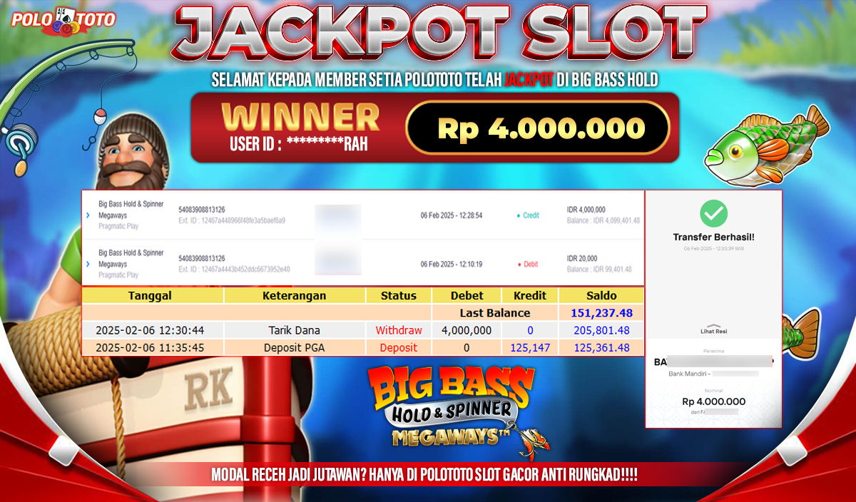POLOTOTO JACKPOT SLOT BIG BASS HOLD & SPINNER Rp.4,000.000,-