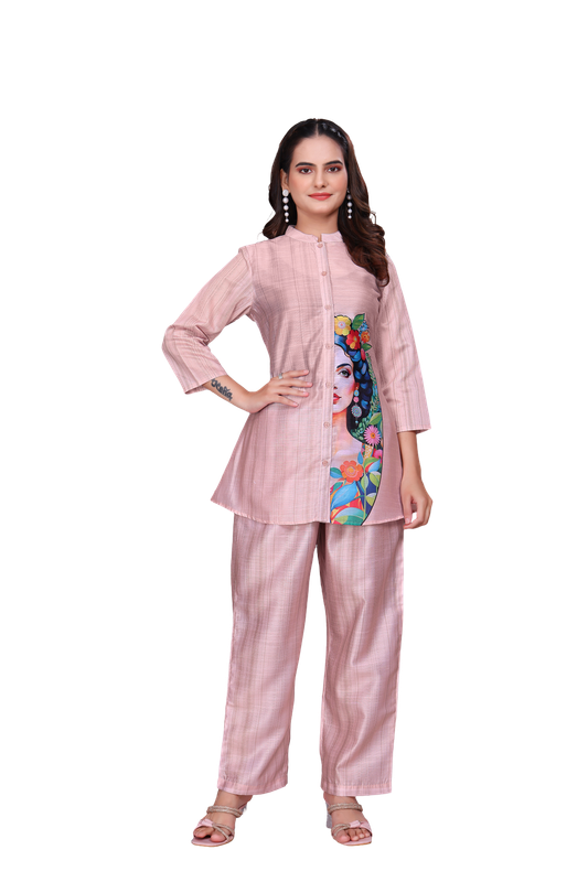 BLUMAIRE Women’s Pastel Pink Co-Ord Set | Stylish Button-Down Kurta with Artistic Portrait Print | Casual & Office Wear Outfit, XXL