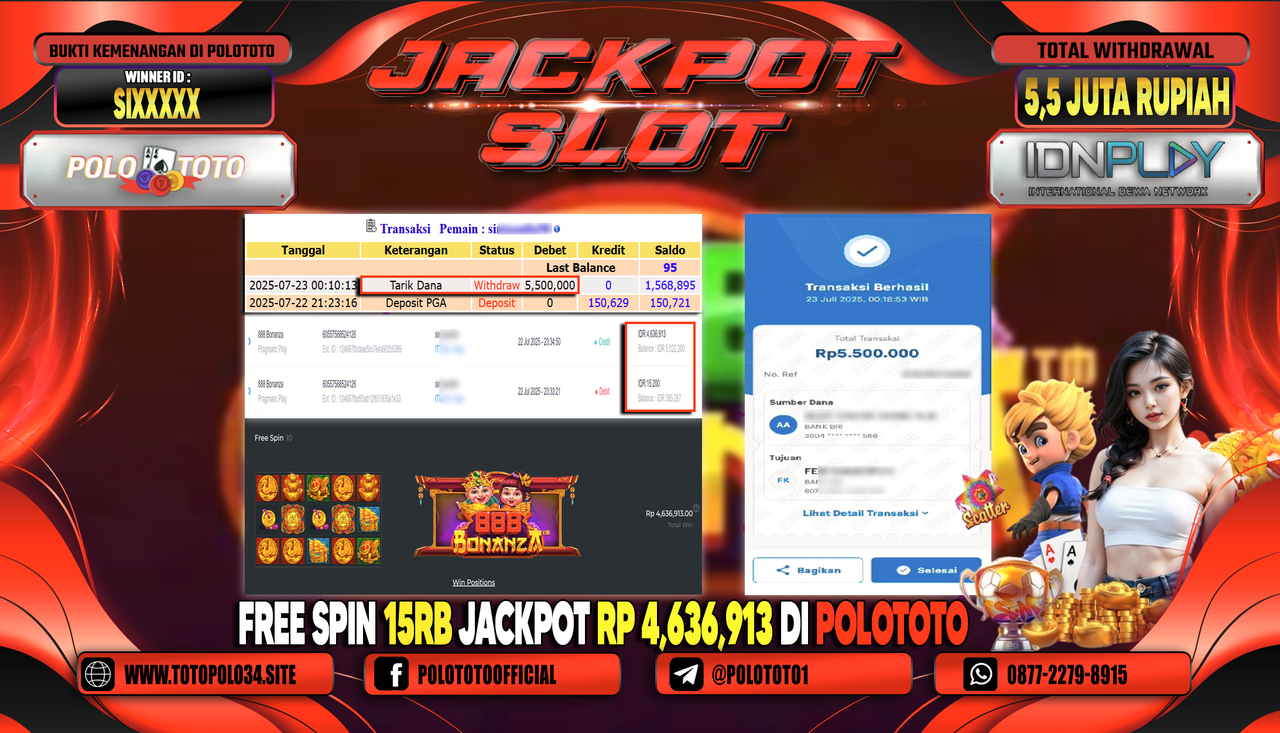POLOTOTO JACKPOT SLOT 888 BONANZA Rp.5.500.000,- LUNAS