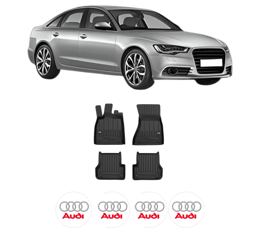 Set covorase presuri AUDI A6 C7 (4G2, 4GC) din 2010-2018, auto, din cauciuc thermoplastic, 4 Stickere auto cu AUDI