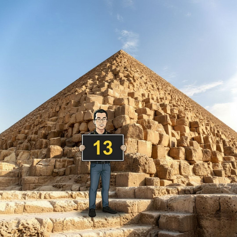 Main character standing in front of pyramids