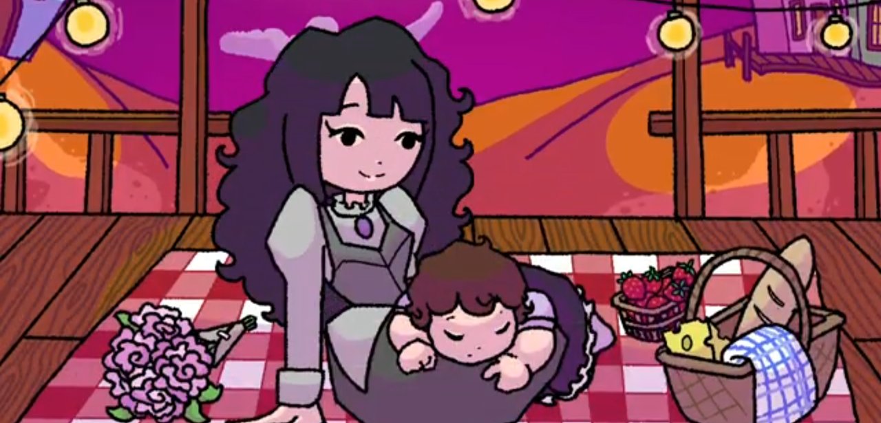 a woman sitting with her child presumably having a picnic because a basket with bread is sitting next to them the woman is softly smiling and the child is asleep in her lap