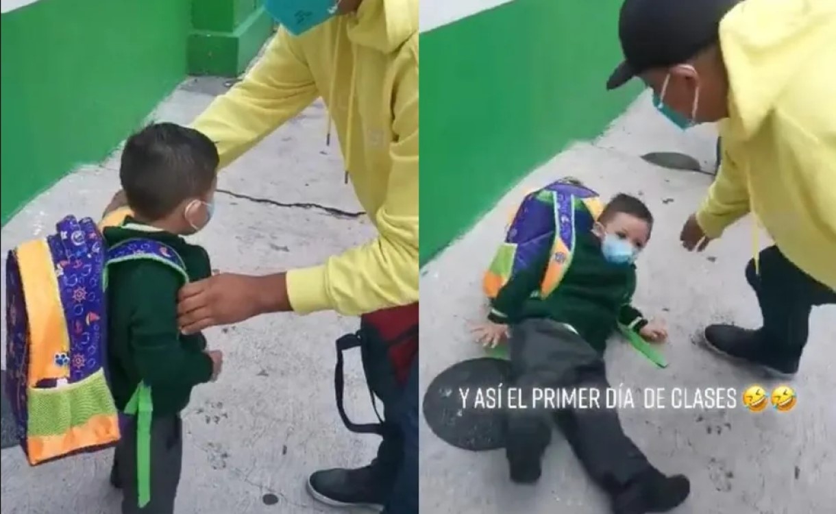 Niño cae por el peso de su mochila durante su primer día del regreso a clases
