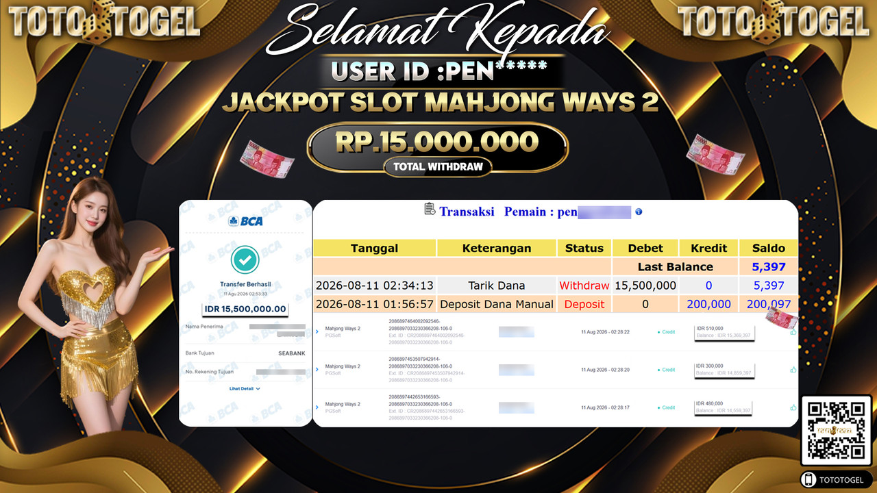 Bukti Pembayaran Jackpot Slot Mahjong Ways 2 ID:PEN*****LUNAS