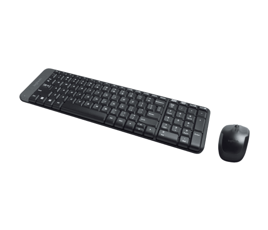 Vista lateral del combo de teclado y mouse Logitech MK220, destacando el diseño compacto.