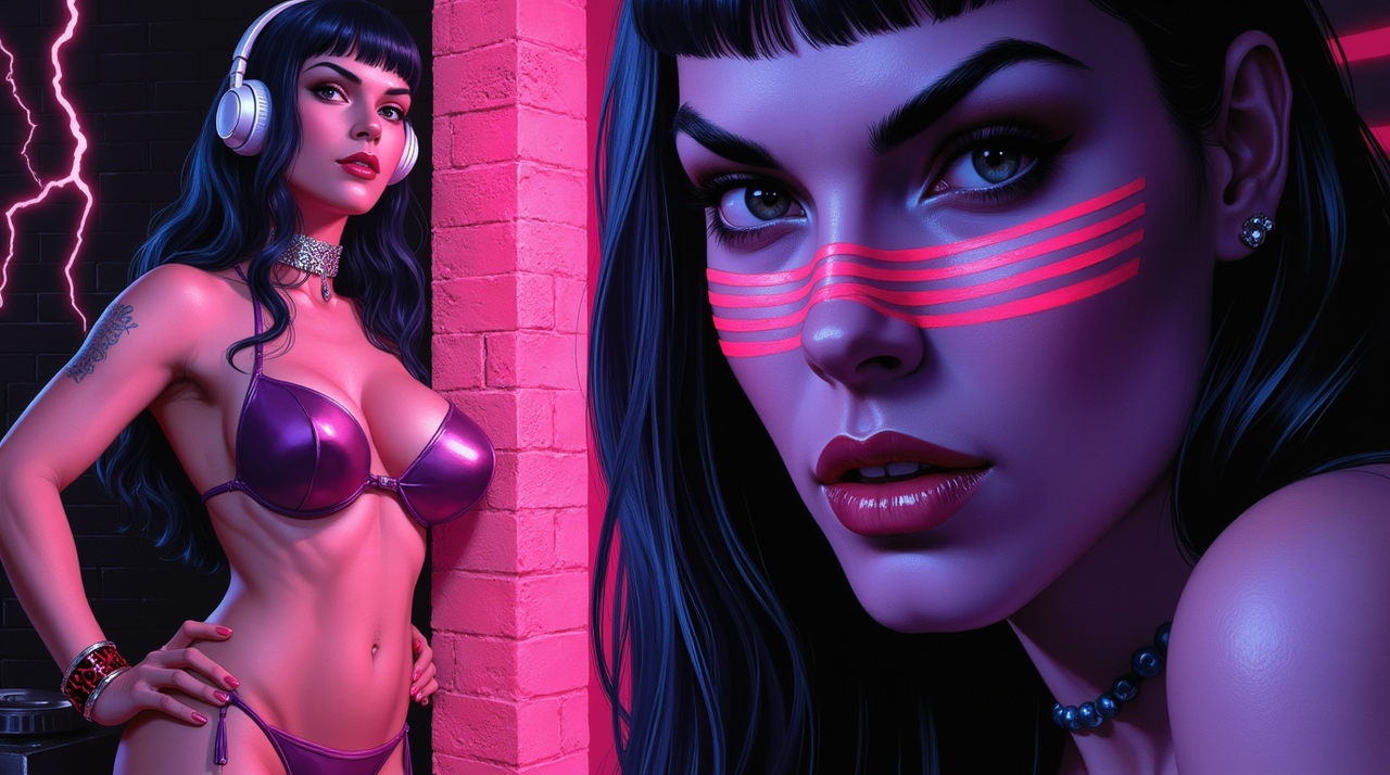 in spanish flag acid lights on back an furius slim monster woman with fat breasts very smiling look