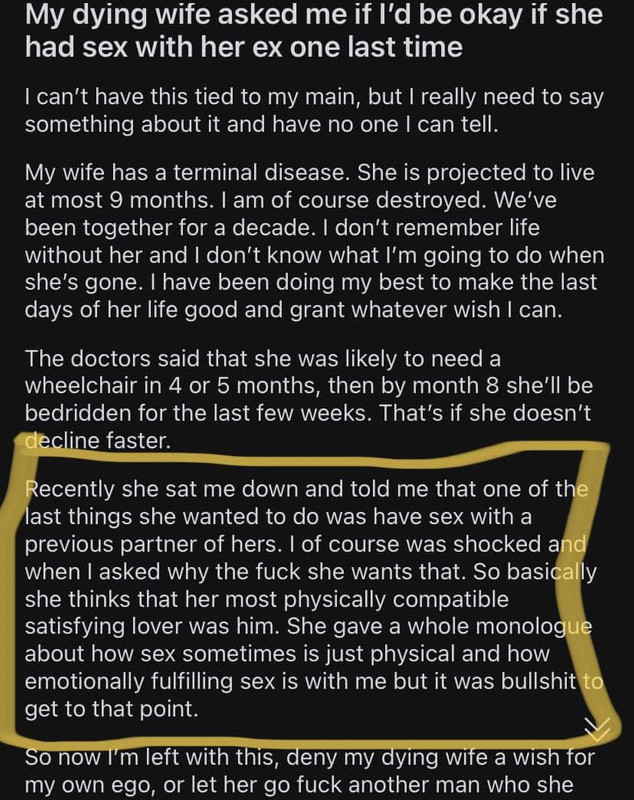 Mujer moribunda le pide a su esposo que le deje serle infiel con su ex
