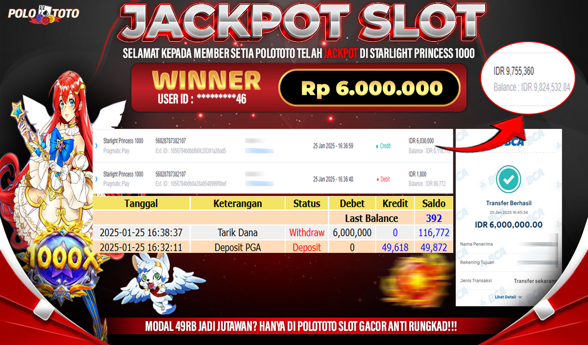 POLOTOTO JACKPOT SLOT STARLIGHT PRINCESS 1000 Rp.6,000.000,- 